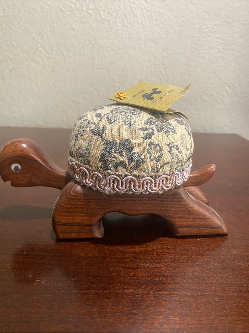 Vintage, Timmy Turtle Pin Cushion Holder, Carved Walnut Body and a Fabric Shell
